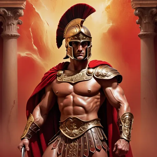 Prompt: A muscular figure, presumably a warrior, dressed in ancient Roman or Greek attire. The warrior wears a gold helmet with a distinctive plume, a red cloak draped over one shoulder, and a set of armor covering the rest of the body. The background is dominated by a vivid red hue, possibly signifying battle or a fiery environment. The warrior appears to be in a poised stance, ready for action, with one leg raised and the other firmly planted on the ground.