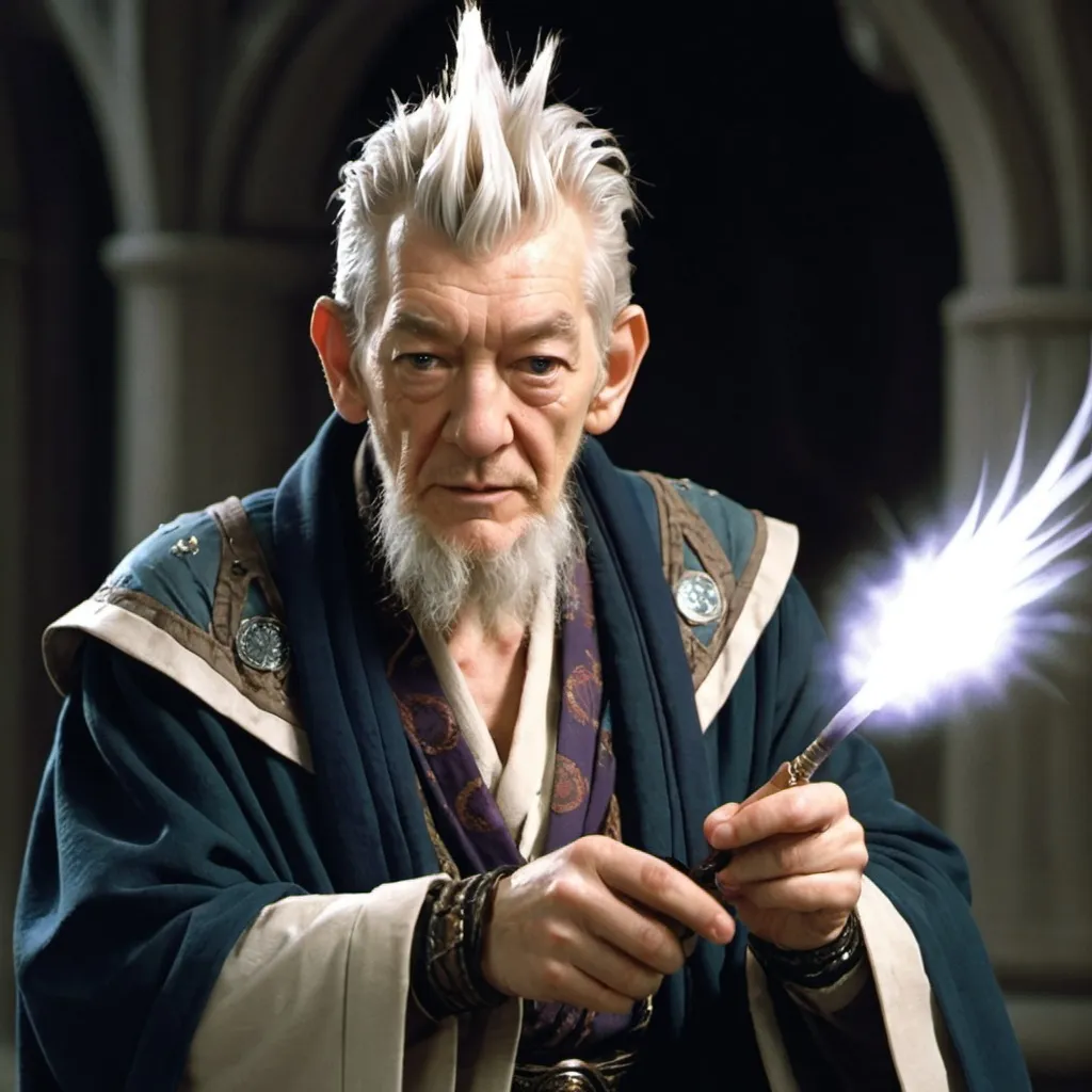 Prompt: ian McKellen with a white mohawk as strago magus from final fantasy 6 using magic