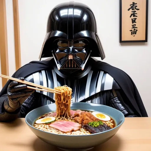 Prompt: Darth Vader slurping on a giant bowl of tonkatsu ramen with pork chasu using chopsticks
