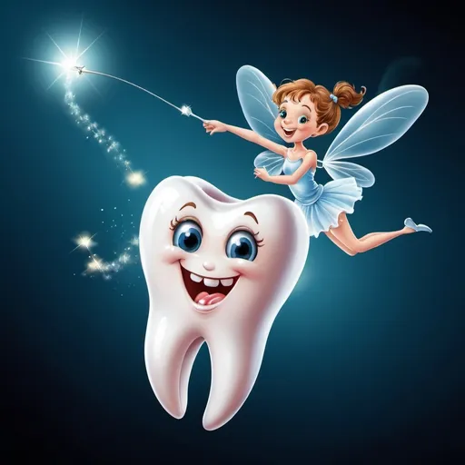 Prompt: a tooth fairy flying aobve a tooth. magic background