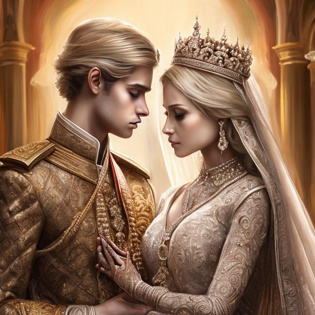 Prompt: Emotional, beautiful wedding of a blonde princess and a handsome poor prince, royal family, tearful atmosphere, oil painting, elaborate wedding attire, emotional expressions, detailed facial features, high quality, emotional, royal, tearful, oil painting, detailed, beautiful, blonde, handsome, princess, prince, elaborate, wedding attire, detailed expressions, royal family, atmospheric lighting