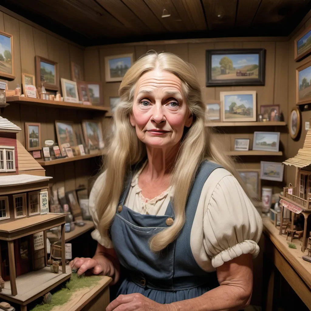 Prompt: an artist is doing a gallery show, a presentation of her art. It's a life-sized diorama of an old country store. She is about fifty years old. She is beautiful, trim.  She has long blond hair and she is fond of swinging it as she talks. Her face is beautiful, she wears makeup but she has some lines and her eyes are beautiful piercing blue. Her smile lights the room. She sees a man that she recognizes as a boy she once knew as a child. Memories begin to flood. She is showing a life sized-diorama of an old country store that she has created. She is receiving rave reviews.