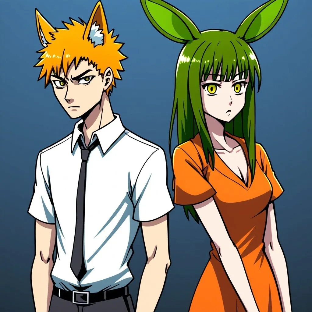 Prompt: one male human-animal hybrid and one female human animal hybrid, standing side by side looking fowards with suspicious expressions, they are BOTH human animal hybrids. They are drawn anime style