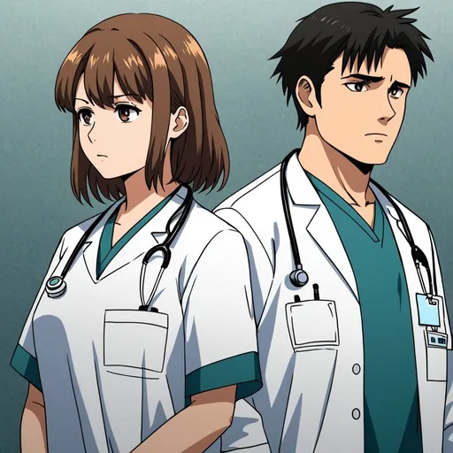 Prompt: A man and a woman standing side by side, they are both medics, looking slightly concerned and they look foward. They are drawn anime style