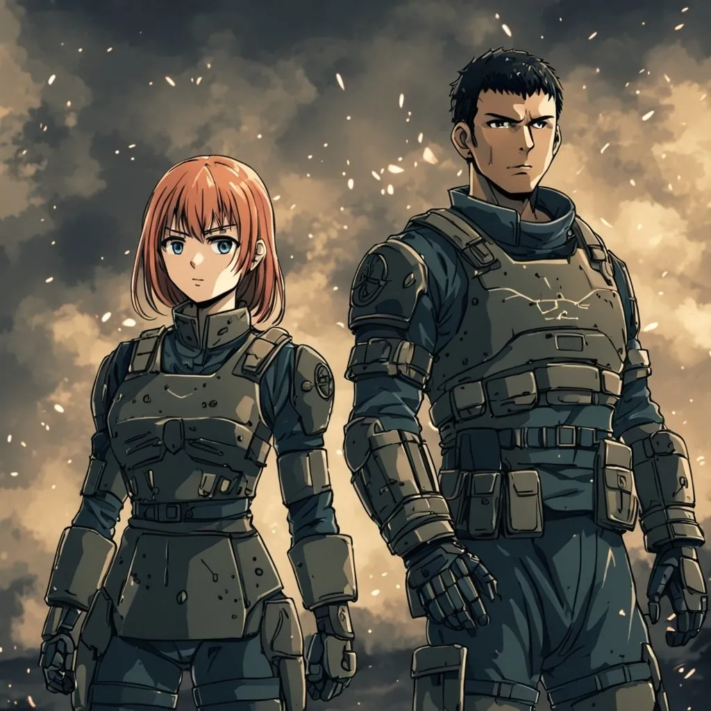 Prompt: A man and a woman standing side by side, they are both equipped with militar gear and look battle hardened and they look foward. They are drawn anime style