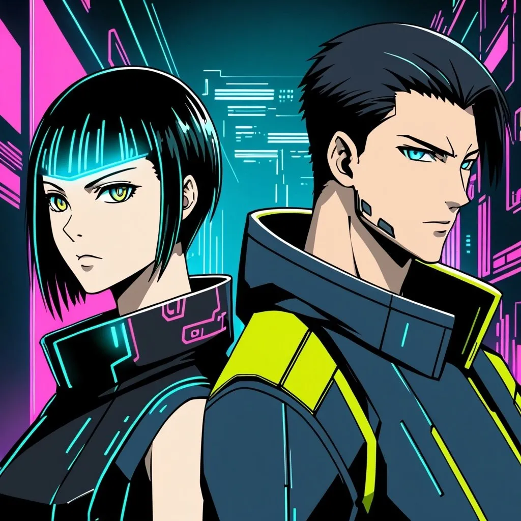 Prompt: Both a male and female human like androids standing side by side, looking fowards with proud expressions. Drawn in an cyberpunk edgerunners anime style