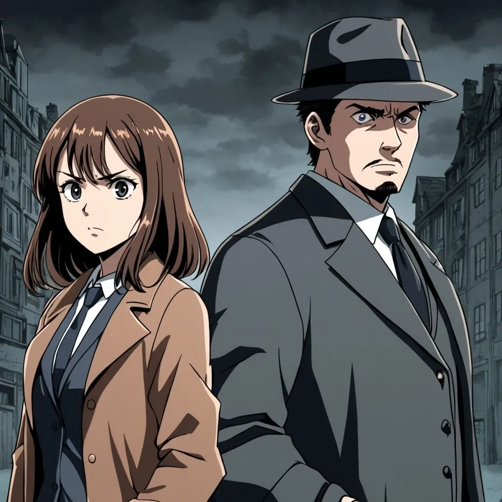 Prompt: A man and a woman standing side by side, they are both private investigators, they look slightly scared and they look foward. They are drawn anime style