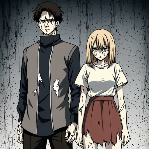 Prompt: A man and a woman standing side by side, they are slightly injured, their clothers are torn and they look a bit paranoid, and they look foward. They are drawn anime style