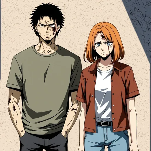 Prompt: A man and a woman standing side by side, they look sightly bruised and scarred. They stand proud facing towards an unseen threat. They both wear casual modern clothes. All in anime style