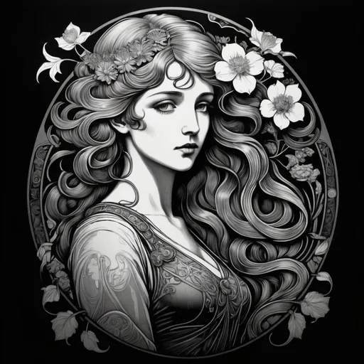 Prompt: 
Art nouveau style, cyberpunk, Louis Comfort Tiffany, mucha, pre-raphaelite vibes, beautiful woman, Lino print, Lino cutting, black and white
