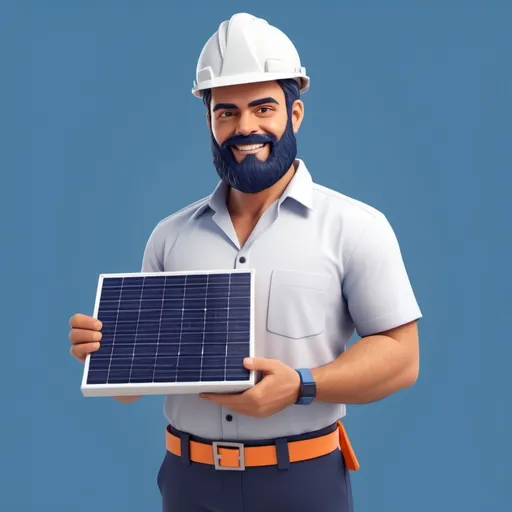 Prompt: 

crie uma animação de uma vendedor de energia solar barbudo, com capacete de cor branco, com camisa social azul marinho.

