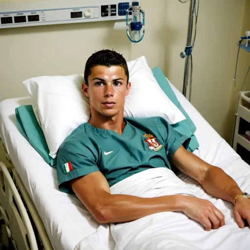 Prompt: A young Cristiano Ronaldo recovering in a hospital bed after heart surgery, showing determination and strength."