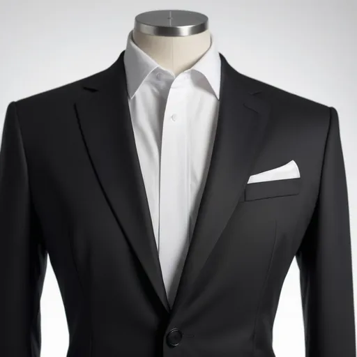 Prompt: Front view of a professional black suit jacket on a mannequin, upper half body visible including shoulders, facing directly at the camera, white dress shirt underneath, crisp white background, studio lighting, extreme detail on fabric texture and stitching, photorealistic style, 8K resolution