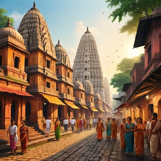 Prompt: Realistic depiction of an ancient Bengali city, detailed architecture, cobblestone streets, bustling marketplace, vibrant colors, traditional attire, ornate temples, lush greenery, warm sunlight, realistic style, historical, detailed buildings, traditional culture, lively atmosphere, busy streets, ancient Bengali city, vibrant colors, realistic lighting