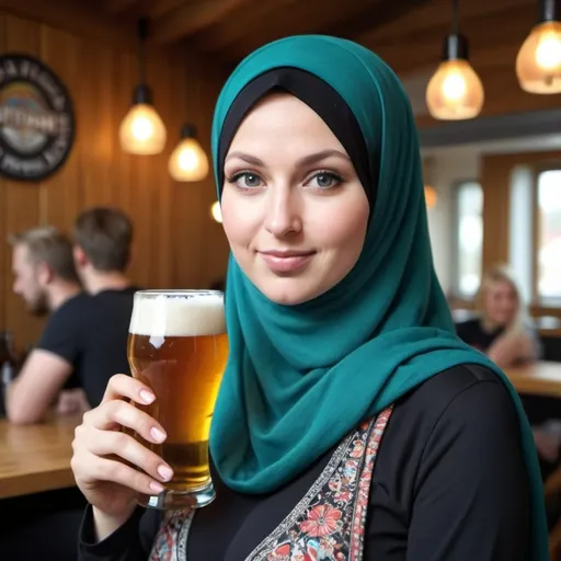 Prompt: Pretty Norwegian woman in hijab with macromastia having a beer