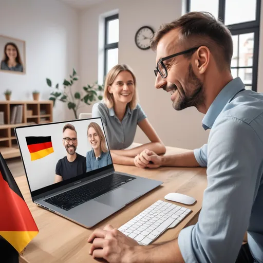 Prompt: An online German language class with a male teacher for a couple in a simple style, all three people in the picture and the German flag