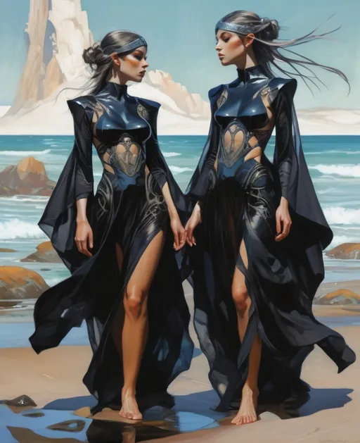 Prompt: Double-exposure; drow-elves, (enchanted seaside adventure setting); perfect hands; dynamic pose, in-motion; rocks with black underlayer; luminescent, detailed, futuristic, photorealistic, maximalist; full-body portrait painting by J.C. Leyendecker, ilya Kuvshinov, Royo, Karol Bak, Alphonse Mucha, Jordan Grimmer, Greg Rutkowski, Jason Chan, Johannes Voss"