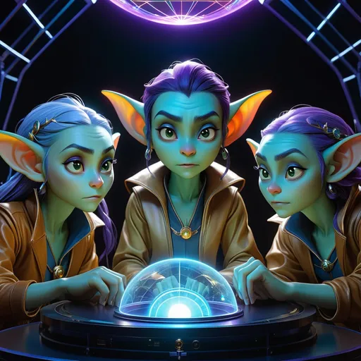 Prompt: glossy blue-skinned (long elven ears:1.0) grizzled goblin scientists, varied expressions; standing around a round table, looking at a massive 3D transparent holographic projection of a (holographic glowing wireframe goblin character:1.3), transparent, translucent, glowing, holographic, ghost, pellucid floating above a stage, transparent light blue color, Holographic Art; Amazing_unique_creation. Textures. Complementary colors. Creative. Ultra quality. 8k resolution; 8k resolution holographic astral cosmic illustration mixed media; Pablo Amaringo; inside meteorological station, natural light, windows, HUD screens, weather maps; purple_amber_green waxy, detailed, futuristic, photorealistic, maximalist; Makoto Shinkai, J.C. Leyendecker, ilya Kuvshinov, Royo, Karol Bak, Alphonse Mucha, Jordan Grimmer, Greg Rutkowski