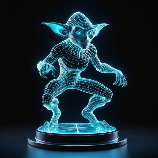 Prompt: 3D transparent holographic projection of a (holographic glowing wireframe goblin character:1.3), transparent, translucent, glowing, holographic, ghost, pellucid floating above a stage, transparent light blue color, Holographic Art; Amazing_unique_creation. Textures. Complementary colors. Creative. Ultra quality. 8k resolution; 8k resolution holographic astral cosmic illustration mixed media; Pablo Amaringo