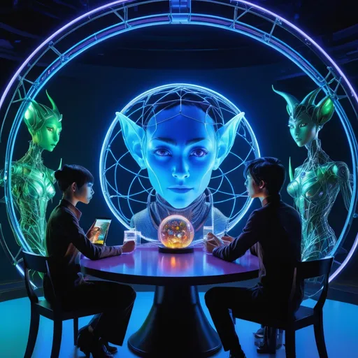 Prompt: double-exposure; glossy blue-skinned (long elven ears:1.0) grizzled goblin scientists, varied expressions; standing around a round table, looking at a 3D transparent holographic projection of a (holographic glowing wireframe goblin character:1.3), transparent, translucent, glowing, holographic, ghost, pellucid floating above a stage, transparent light blue color, Holographic Art; Amazing_unique_creation. Textures. Complementary colors. Creative. Ultra quality. 8k resolution; 8k resolution holographic astral cosmic illustration mixed media; Pablo Amaringo; inside meteorological station, jungly, HUD screens, weather maps; purple_amber_green waxy, detailed, futuristic, photorealistic, maximalist; Makoto Shinkai, J.C. Leyendecker, ilya Kuvshinov, Royo, Karol Bak, Alphonse Mucha, Jordan Grimmer, Greg Rutkowski