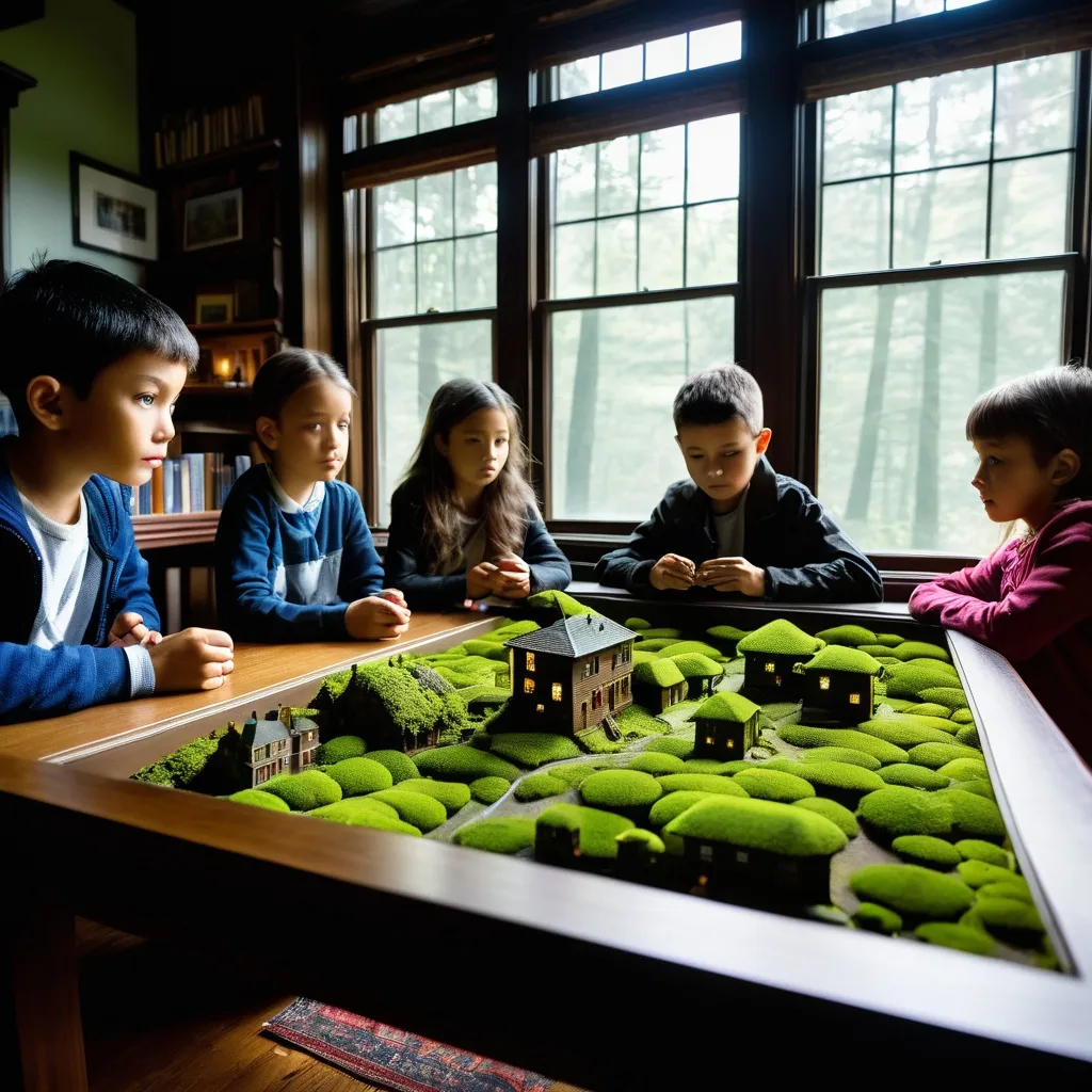 Prompt: double exposure, interior of spooky abandoned house, moss and mildew; elementary students looking at Miniature New York City on my coffee table; deep depth of field, dramatic lighting, maximalist, delicate, shadowed below image effecte; forest; different faces, dynamic poses, in movement, deep depth of field, perfect faces, maximalist, shadowed below image; sergio toppi, humberto ramos, Jae Lee, david mack, Bastien Lecouffe Deharme, jeremy mann, Edwin Landseer, Ismail Inceoglu, Victo Ngai, Bella Kotak, Royo, Chevrier, Lou Xaz, Ferri, Kaluta, Minguez, Simon, Ivan Bilibin, Jean Giraud