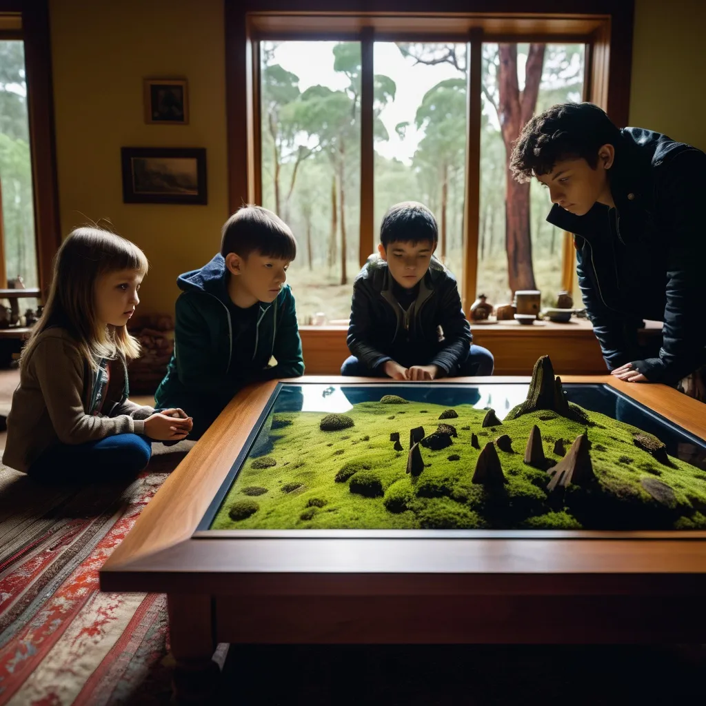 Prompt: double exposure, interior of spooky abandoned house, moss and mildew; elementary students looking at Miniature Ayers Rock on my coffee table; deep depth of field, dramatic lighting, maximalist, delicate, shadowed below image effecte; forest; different faces, dynamic poses, in movement, deep depth of field, perfect faces, maximalist, shadowed below image; sergio toppi, humberto ramos, Jae Lee, david mack, Bastien Lecouffe Deharme, jeremy mann, Edwin Landseer, Ismail Inceoglu, Victo Ngai, Bella Kotak, Royo, Chevrier, Lou Xaz, Ferri, Kaluta, Minguez, Simon, Ivan Bilibin, Jean Giraud