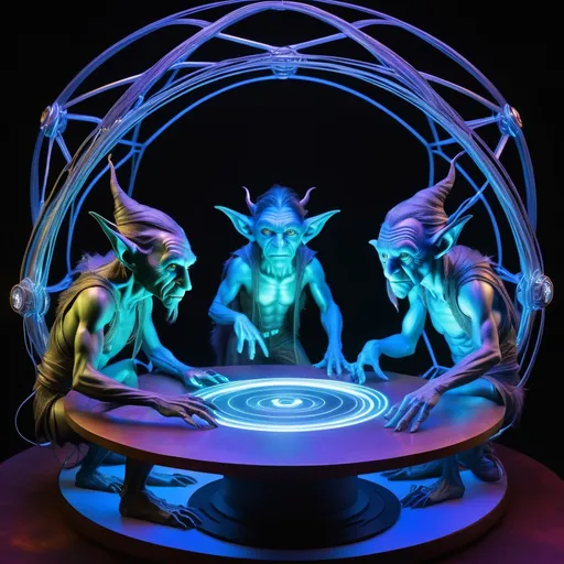 Prompt: double-exposure; glossy blue-skinned (long elven ears:1.0) grizzled goblin scientists, varied expressions; standing around a round table, looking at a 3D transparent holographic projection of a (holographic glowing wireframe goblin character:1.3), transparent, translucent, glowing, holographic, ghost, pellucid floating above a stage, transparent light blue color, Holographic Art; Amazing_unique_creation. Textures. Complementary colors. Creative. Ultra quality. 8k resolution; 8k resolution holographic astral cosmic illustration mixed media; Pablo Amaringo