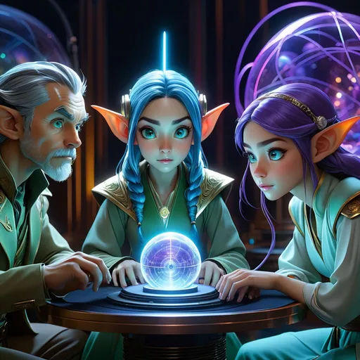 Prompt: glossy blue-skinned (long elven ears:1.0) grizzled goblin scientists, varied expressions; standing around a round table, looking at a massive 3D transparent holographic projection containining a (holographic glowing wireframe goblin character:1.3), transparent, translucent, glowing, holographic, ghost, pellucid floating above a stage, transparent light blue color, Holographic Art; Amazing_unique_creation. Textures. Complementary colors. Creative. Ultra quality. 8k resolution; 8k resolution holographic astral cosmic illustration mixed media; Pablo Amaringo; inside meteorological station, natural light, windows, HUD screens, weather maps; purple_amber_green waxy, detailed, futuristic, photorealistic, maximalist; Makoto Shinkai, J.C. Leyendecker, ilya Kuvshinov, Royo, Karol Bak, Alphonse Mucha, Jordan Grimmer, Greg Rutkowski