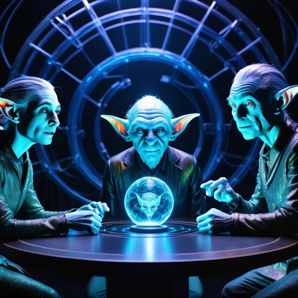 Prompt: double-exposure; glossy blue-skinned (long elven ears:1.0) grizzled goblin scientists, varied expressions; standing around a round table, looking at a 3D transparent holographic projection of a (holographic glowing wireframe goblin character:1.3), transparent, translucent, glowing, holographic, ghost, pellucid floating above a stage, transparent light blue color, Holographic Art; Amazing_unique_creation. Textures. Complementary colors. Creative. Ultra quality. 8k resolution; 8k resolution holographic astral cosmic illustration mixed media; Pablo Amaringo