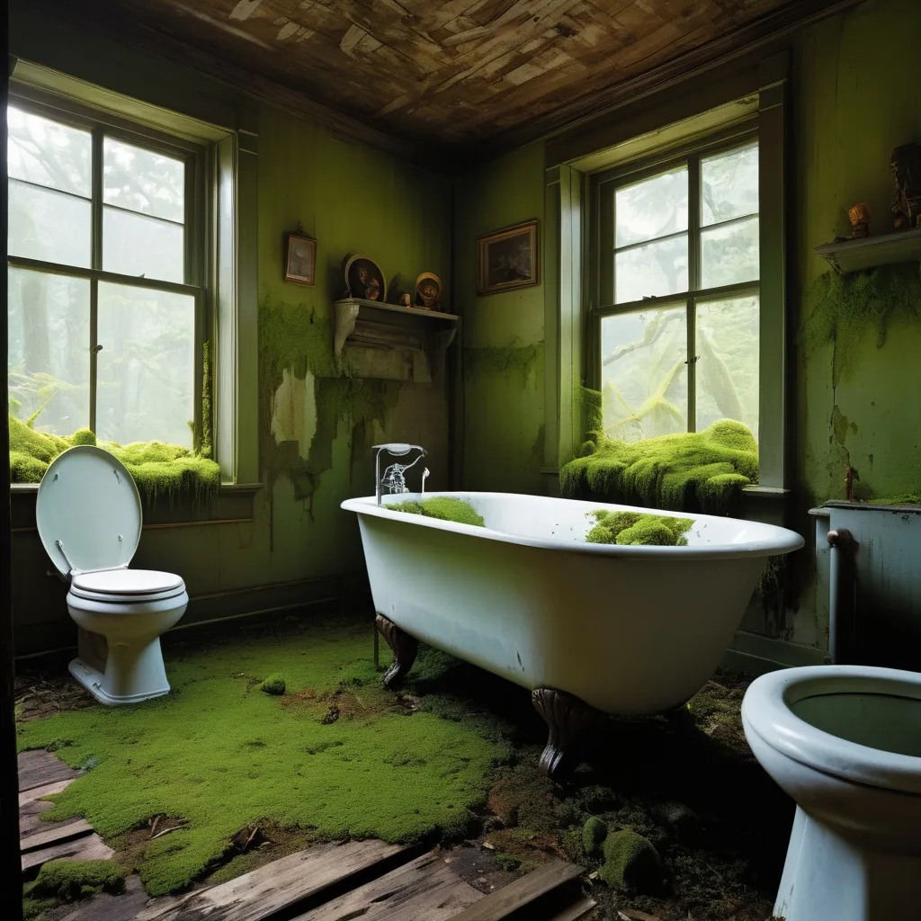 Prompt: double exposure, interior of spooky abandoned house, moss and mildew; elementary students looking into bathroom with broken toilet and rusted clawfoot tub; forest; different faces, dynamic poses, in movement, deep depth of field, perfect faces, maximalist, shadowed below image; sergio toppi, humberto ramos, Jae Lee, david mack, Bastien Lecouffe Deharme, jeremy mann, Edwin Landseer, Ismail Inceoglu, Victo Ngai, Bella Kotak, Royo, Chevrier, Lou Xaz, Ferri, Kaluta, Minguez, Simon, Ivan Bilibin, Jean Giraud