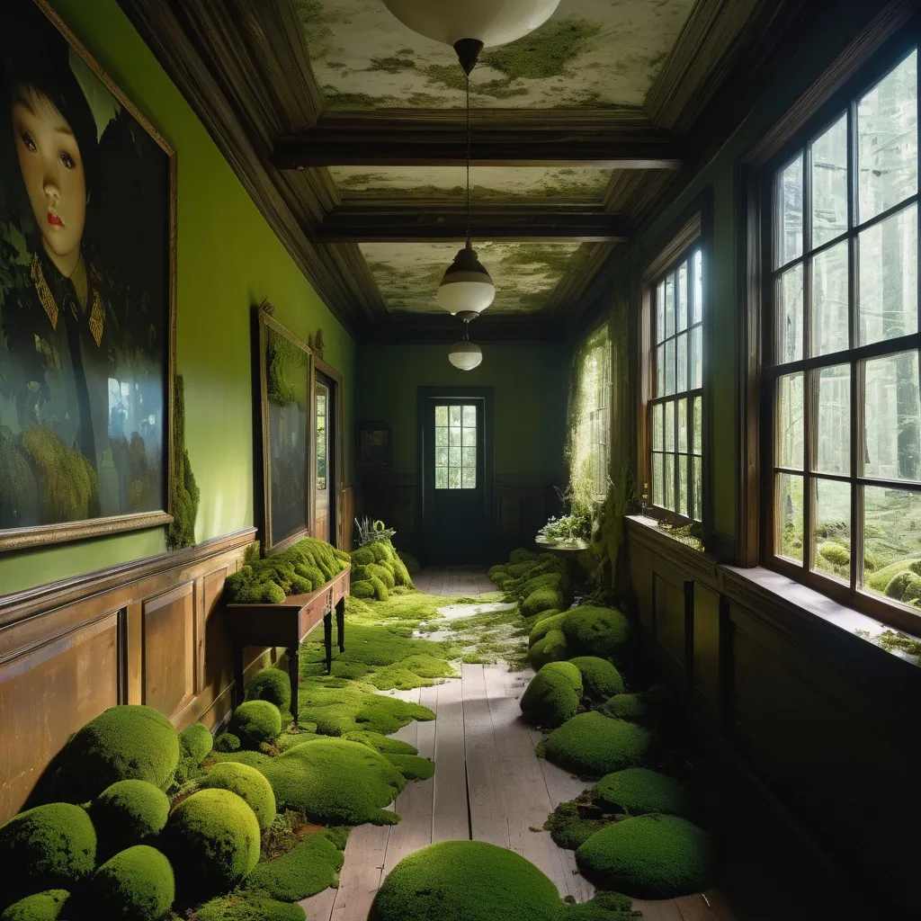 Prompt: double exposure, interior of spooky abandoned house, moss and mildew; elementary students entering cautiously; forest; different faces, dynamic poses, in movement, deep depth of field, perfect faces, maximalist, shadowed below image; sergio toppi, humberto ramos, Jae Lee, david mack, Bastien Lecouffe Deharme, jeremy mann, Edwin Landseer, Ismail Inceoglu, Victo Ngai, Bella Kotak, Royo, Chevrier, Lou Xaz, Ferri, Kaluta, Minguez, Simon, Ivan Bilibin, Jean Giraud