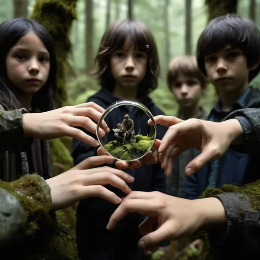 Prompt: spooky mossy forest; elementary students with one holding a normal sized (glass resin ring:1.3) on top of their upturned hand; different faces, dynamic poses, in movement, deep depth of field, perfect faces, maximalist, shadowed below image; sergio toppi, humberto ramos, Jae Lee, david mack, Bastien Lecouffe Deharme, jeremy mann, Edwin Landseer, Ismail Inceoglu, Victo Ngai, Bella Kotak, Royo, Chevrier, Lou Xaz, Ferri, Kaluta, Minguez, Simon, Ivan Bilibin, Jean Giraud