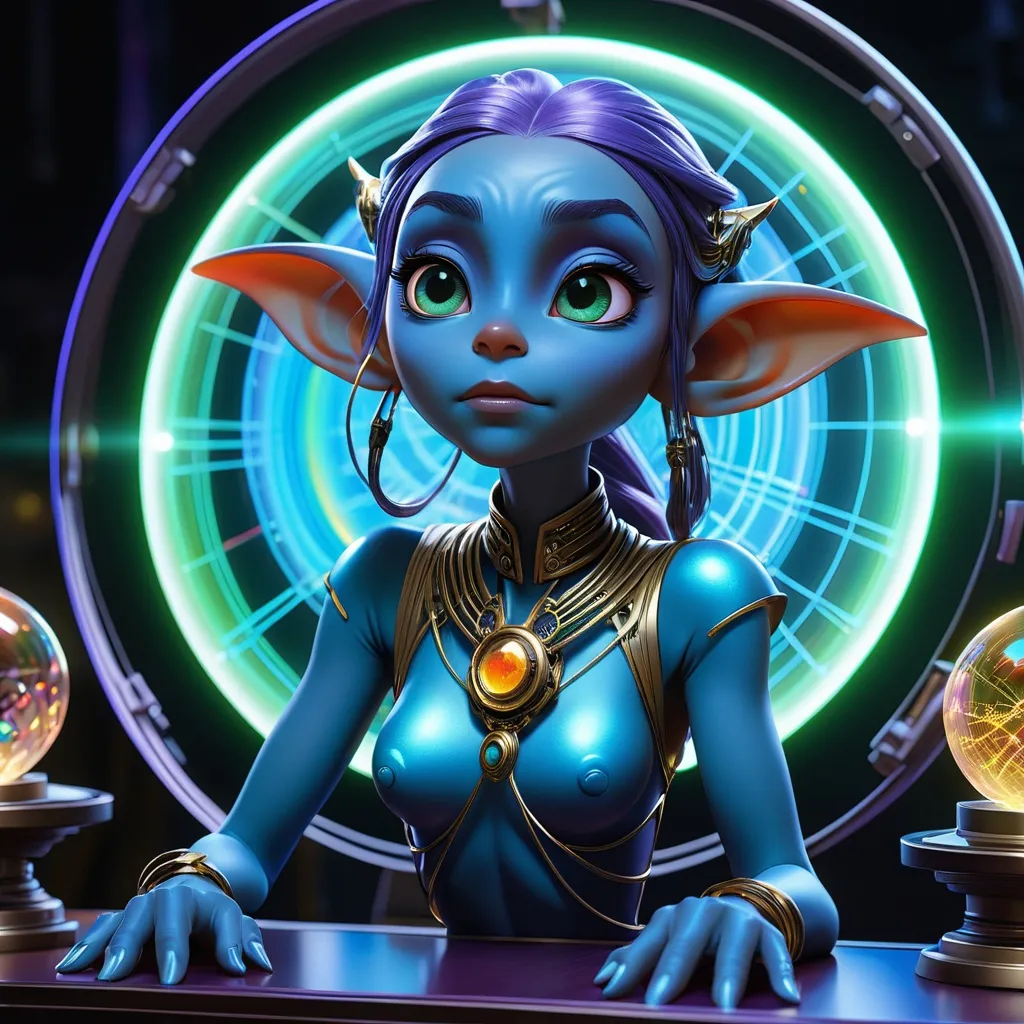 Prompt: glossy blue-skinned (long elven ears:1.0) grizzled goblin scientists, varied expressions; standing around a round table, looking at a 3D transparent holographic projection of a (holographic glowing wireframe goblin character:1.3), transparent, translucent, glowing, holographic, ghost, pellucid floating above a stage, transparent light blue color, Holographic Art; Amazing_unique_creation. Textures. Complementary colors. Creative. Ultra quality. 8k resolution; 8k resolution holographic astral cosmic illustration mixed media; Pablo Amaringo; inside meteorological station, jungly, HUD screens, weather maps; purple_amber_green waxy, detailed, futuristic, photorealistic, maximalist; Makoto Shinkai, J.C. Leyendecker, ilya Kuvshinov, Royo, Karol Bak, Alphonse Mucha, Jordan Grimmer, Greg Rutkowski