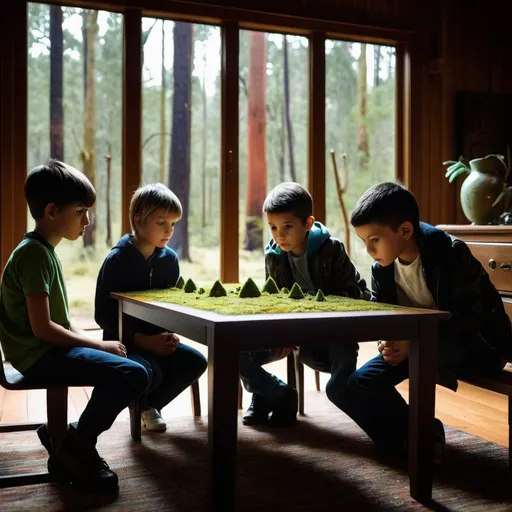 Prompt: double exposure, interior of spooky abandoned house, moss and mildew; elementary students looking at Miniature Ayers Rock on my coffee table; deep depth of field, dramatic lighting, maximalist, delicate, shadowed below image effecte; forest; different faces, dynamic poses, in movement, deep depth of field, perfect faces, maximalist, shadowed below image; sergio toppi, humberto ramos, Jae Lee, david mack, Bastien Lecouffe Deharme, jeremy mann, Edwin Landseer, Ismail Inceoglu, Victo Ngai, Bella Kotak, Royo, Chevrier, Lou Xaz, Ferri, Kaluta, Minguez, Simon, Ivan Bilibin, Jean Giraud