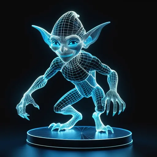 Prompt: 3D transparent holographic projection of a (holographic glowing wireframe goblin character:1.3), transparent, translucent, glowing, holographic, ghost, pellucid floating above a stage, transparent light blue color, Holographic Art; Amazing_unique_creation. Textures. Complementary colors. Creative. Ultra quality. 8k resolution; 8k resolution holographic astral cosmic illustration mixed media; Pablo Amaringo