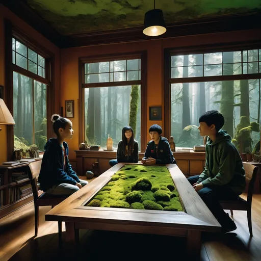 Prompt: double exposure, interior of spooky abandoned house, moss and mildew; elementary students looking san francisco in a coffee table; forest; different faces, dynamic poses, in movement, deep depth of field, perfect faces, maximalist, shadowed below image; sergio toppi, humberto ramos, Jae Lee, david mack, Bastien Lecouffe Deharme, jeremy mann, Edwin Landseer, Ismail Inceoglu, Victo Ngai, Bella Kotak, Royo, Chevrier, Lou Xaz, Ferri, Kaluta, Minguez, Simon, Ivan Bilibin, Jean Giraud