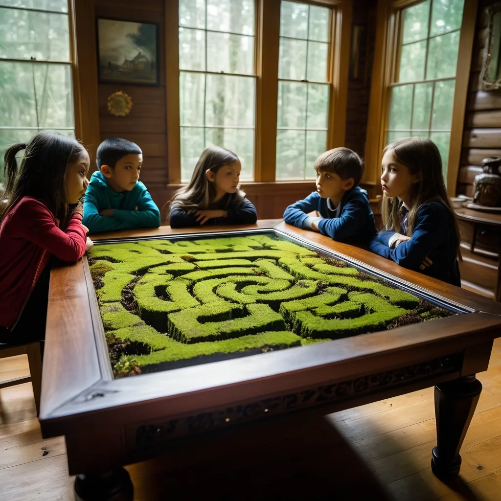 Prompt: double exposure, interior of spooky abandoned house, moss and mildew; elementary students looking at Miniature "Minotaur's labyrinth" on my coffee table; deep depth of field, dramatic lighting, maximalist, delicate, shadowed below image effecte; forest; different faces, dynamic poses, in movement, deep depth of field, perfect faces, maximalist, shadowed below image; sergio toppi, humberto ramos, Jae Lee, david mack, Bastien Lecouffe Deharme, jeremy mann, Edwin Landseer, Ismail Inceoglu, Victo Ngai, Bella Kotak, Royo, Chevrier, Lou Xaz, Ferri, Kaluta, Minguez, Simon, Ivan Bilibin, Jean Giraud