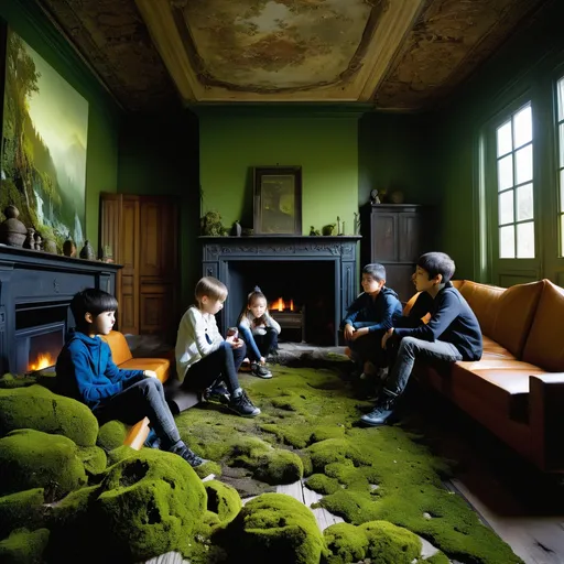 Prompt: double exposure, interior of spooky abandoned house, moss and mildew; elementary students exploring living room with blackened fireplace; forest; different faces, dynamic poses, in movement, deep depth of field, perfect faces, maximalist, shadowed below image; sergio toppi, humberto ramos, Jae Lee, david mack, Bastien Lecouffe Deharme, jeremy mann, Edwin Landseer, Ismail Inceoglu, Victo Ngai, Bella Kotak, Royo, Chevrier, Lou Xaz, Ferri, Kaluta, Minguez, Simon, Ivan Bilibin, Jean Giraud