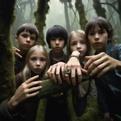 Prompt: spooky mossy forest; elementary students with one holding a normal sized (glass resin ring:1.3) in their outstretched palm; different faces, dynamic poses, in movement, deep depth of field, perfect faces, maximalist, shadowed below image; sergio toppi, humberto ramos, Jae Lee, david mack, Bastien Lecouffe Deharme, jeremy mann, Edwin Landseer, Ismail Inceoglu, Victo Ngai, Bella Kotak, Royo, Chevrier, Lou Xaz, Ferri, Kaluta, Minguez, Simon, Ivan Bilibin, Jean Giraud