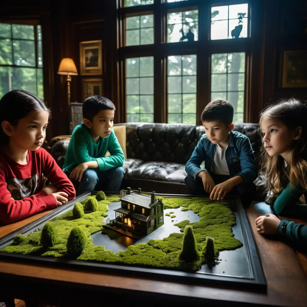 Prompt: double exposure, interior of spooky abandoned house, moss and mildew; elementary students looking at Miniature New York City on my coffee table; deep depth of field, dramatic lighting, maximalist, delicate, shadowed below image effecte; forest; different faces, dynamic poses, in movement, deep depth of field, perfect faces, maximalist, shadowed below image; sergio toppi, humberto ramos, Jae Lee, david mack, Bastien Lecouffe Deharme, jeremy mann, Edwin Landseer, Ismail Inceoglu, Victo Ngai, Bella Kotak, Royo, Chevrier, Lou Xaz, Ferri, Kaluta, Minguez, Simon, Ivan Bilibin, Jean Giraud