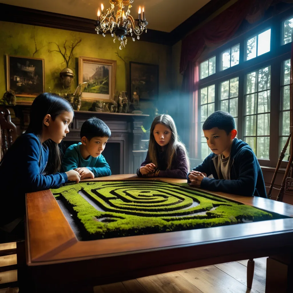 Prompt: double exposure, interior of spooky abandoned house, moss and mildew; elementary students looking at Miniature "Minotaur's labyrinth" on my coffee table; deep depth of field, dramatic lighting, maximalist, delicate, shadowed below image effecte; forest; different faces, dynamic poses, in movement, deep depth of field, perfect faces, maximalist, shadowed below image; sergio toppi, humberto ramos, Jae Lee, david mack, Bastien Lecouffe Deharme, jeremy mann, Edwin Landseer, Ismail Inceoglu, Victo Ngai, Bella Kotak, Royo, Chevrier, Lou Xaz, Ferri, Kaluta, Minguez, Simon, Ivan Bilibin, Jean Giraud