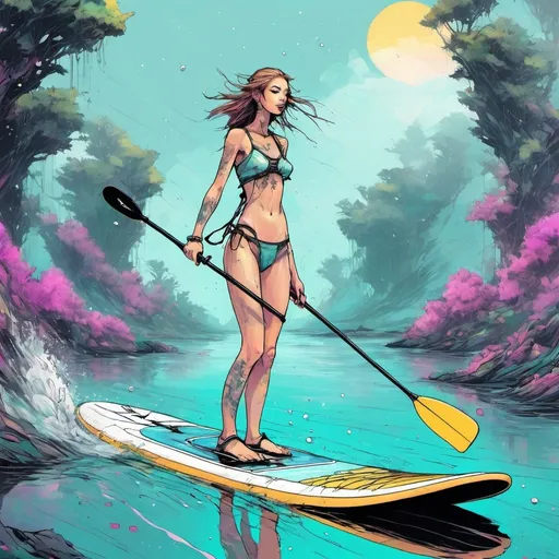 Prompt: unreal, wet dreams, female, paddle-boarding, dreamlike, water, fantasy