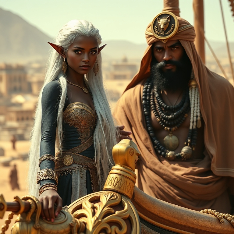 Prompt: Photo realistic image of a tall, dark-skinned young elven woman with long white hair and striking yellow eyes, stand beside her dark skinned slightly older Arabic husband who is adorned with gold and finery. On his head wrap is the circular pin of a jackal. Hes very muscular with dark hair and a full dark beard. They are on the bow of a golden ship that designed to walk on sand. They are in a desert setting with a city in the background. They are joined various other beautiful and exotic characters.