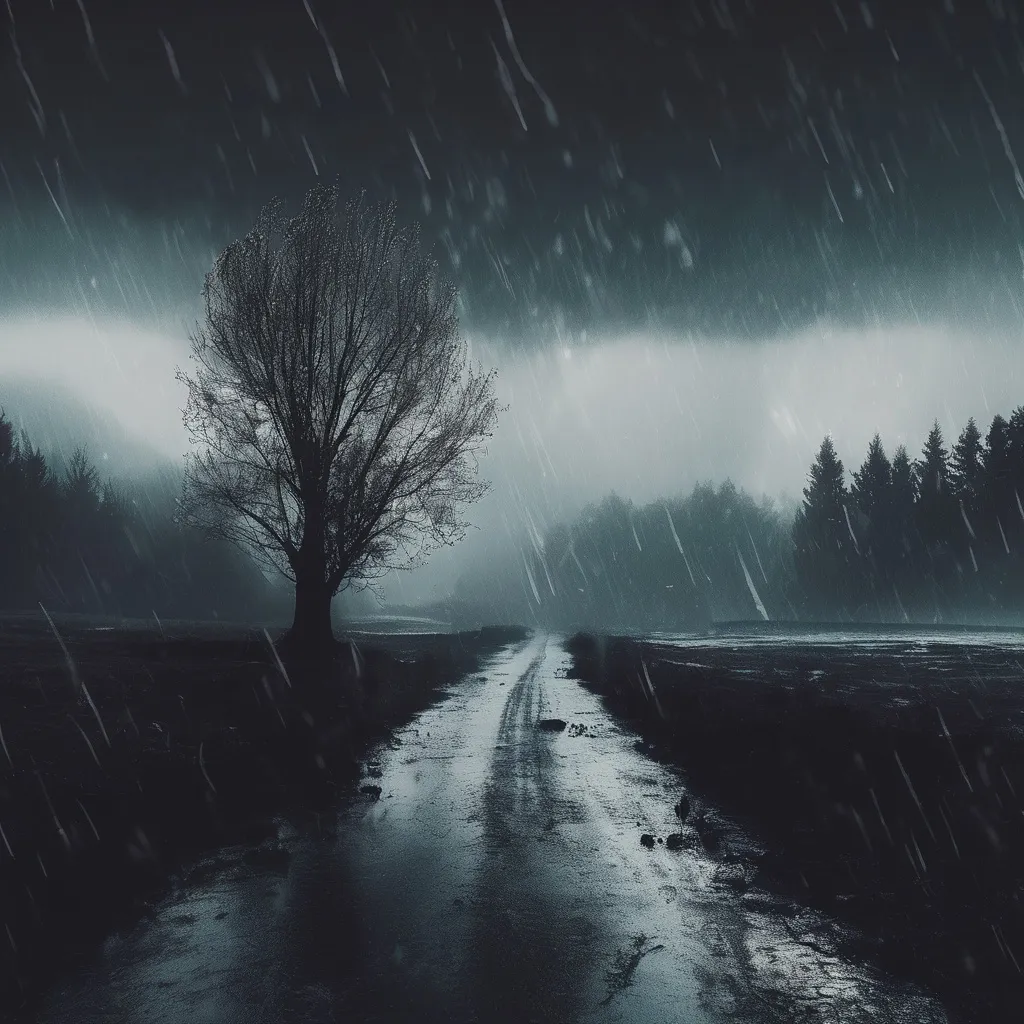 Prompt: sad music dark landscape rainy cold winter playlist cover art. 