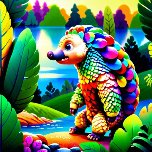 Prompt: Disney-style illustration of a cute pangolin, colorful and vibrant, lush forest background, adorable scales and textures, warm and inviting atmosphere, high quality, vibrant colors, Disney-style, lush forest, adorable, cute scales, warm atmosphere, detailed illustration