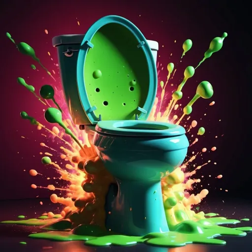 Prompt: Exploding cartoon toilet spraying out slime, atomic bomb, vibrant cartoon style, high contrast, detailed explosion, 4k, cinematic lighting.

