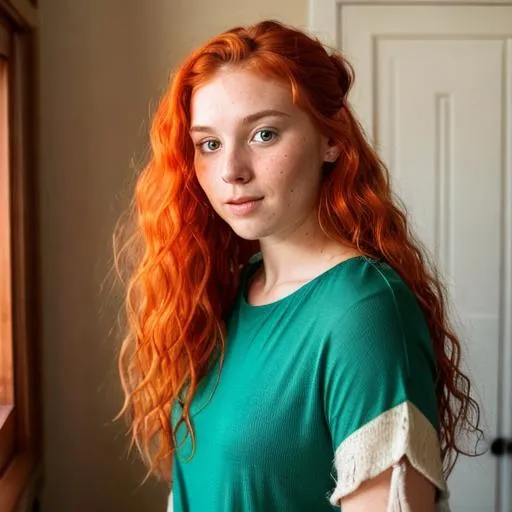 Prompt: Female human around 23 years of age. She has red-orange wavy hair pulled into a bun with loose temple hairs. She has red-orange eyes and flushed cheeks with freckles. She is cute and around 5"10 in height. She wears teal-green tunic style clothes. She can be fully seen by the viewer except for her boots