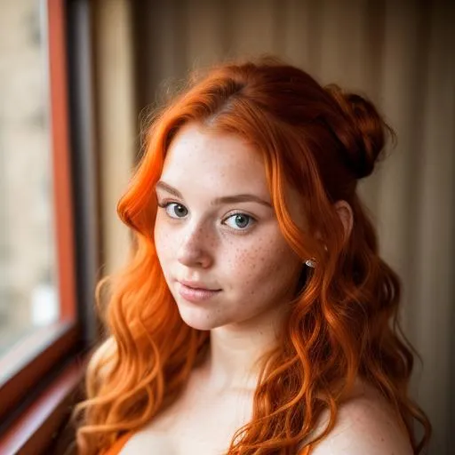 Prompt: Female human around 23 years of age. She has red-orange wavy hair pulled into a bun with loose temple hairs. She has red-orange eyes and flushed cheeks with freckles. She is cute and around 5"10 in height. She looks flirtatiously at the viewer from across a tavern.