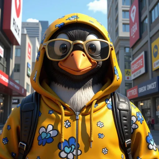 Prompt: human-sized penguin, wearing a yellow print hoodie, adorned with stylish gold glasses, vibrant graffiti art style inspired by Hanna-Barbera, hip-hop flair, energetic atmosphere, digital finesse, Behance contest winner design, Lyco art quality, dynamic 2D game art, official artwork, ultra-detailed 8K resolution, colorful and dramatic backdrop, capturing an adventurous urban vibe.