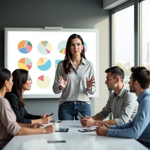 Prompt: @Jo9bKkCqfcxMc6ubOojX, a confident professional woman, stands at the forefront of a modern office environment, positioned in front of a large whiteboard filled with colorful charts and graphs. She gestures animatedly, engaging her colleagues seated around a sleek conference table, her expression focused and enthusiastic. The room is well-lit with natural light streaming through large windows, casting soft shadows that enhance the vibrant atmosphere. Colleagues, a diverse group of men and women, lean in, captivated by her presentation. The camera captures a mid-shot angle, emphasizing her dynamic posture and the collaborative energy in the room, with a subtle depth of field blurring the background slightly to keep the focus on her commanding presence.